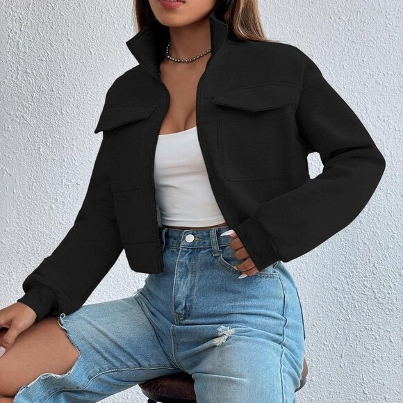 Black Casual Womens Zip Up Flap Pocket Sweatshirt - Picture 5 of 5